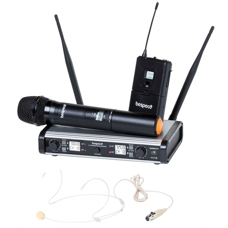 Doppio radiomicrofono Palmare + Headset Archetto UHF 200 canali selezionabili, Bespeco