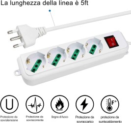 Multipresa Ciabatta Elettrica con 4 Prese Universali ITA 10/16A e Schuko con Spina Italiana 16A, Bianco