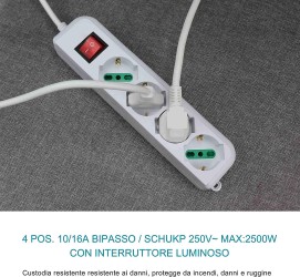 Multipresa Ciabatta Elettrica con 4 Prese Universali ITA 10/16A e Schuko con Spina Italiana 16A, Bianco