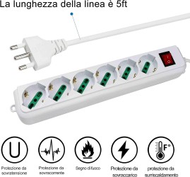 Multipresa Ciabatta Elettrica con 6 Prese Universali ITA 10/16A e Schuko con Spina Italiana 16A, Bianco