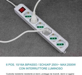 Multipresa Ciabatta Elettrica con 6 Prese Universali ITA 10/16A e Schuko con Spina Italiana 16A, Bianco